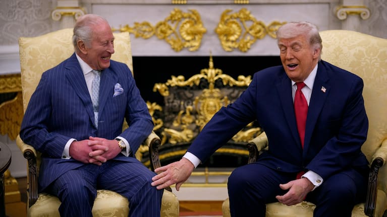 US President Donald Trump touches King Charles III during a meeting in the Oval Office of the White House on April 28, 2026 in Washington, DC.