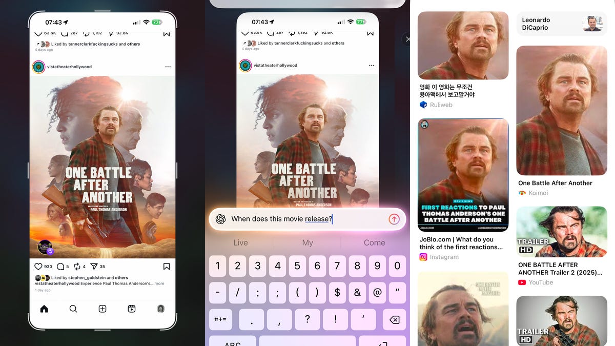 Three screen shots of Apple's Visual Intelligence