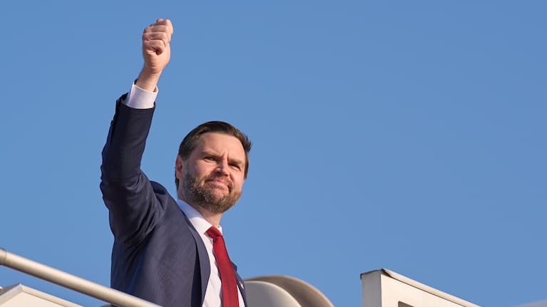 Vice President JD Vance gives a thumbs up gesture while boarding Air Force Two as he leaves Islamabad, Sunday, April 12, 2026, after attending talks on Iran. 