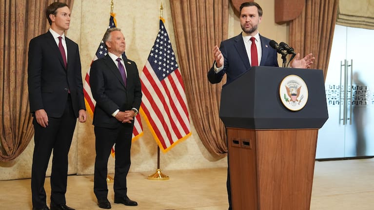 Vice President JD Vance, right, speaks during a news conference after meeting with representatives from Pakistan and Iran.