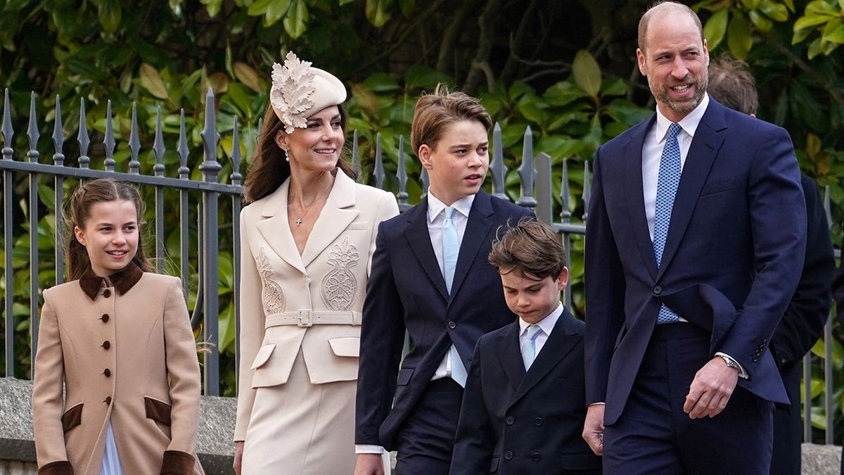 Princess Charlotte, Catherine, Prince George, Prince Louis, and Prince William walking to St George's Chapel in Windsor