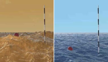 Waves on other planets: 2 ocean scenes each with a vertical measuring stick, tall waves on left and smaller waves on right.