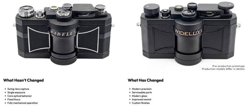 Two Widellux cameras side by side: the left is a vintage model, while the right is a modern version. Text below lists unchanged features on the left and new improvements on the right.