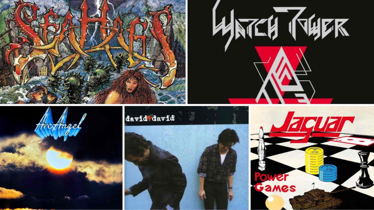 A montage of album covers featuring Sea Hags, Watchtower, Arc Angel, David + David and Jaguar