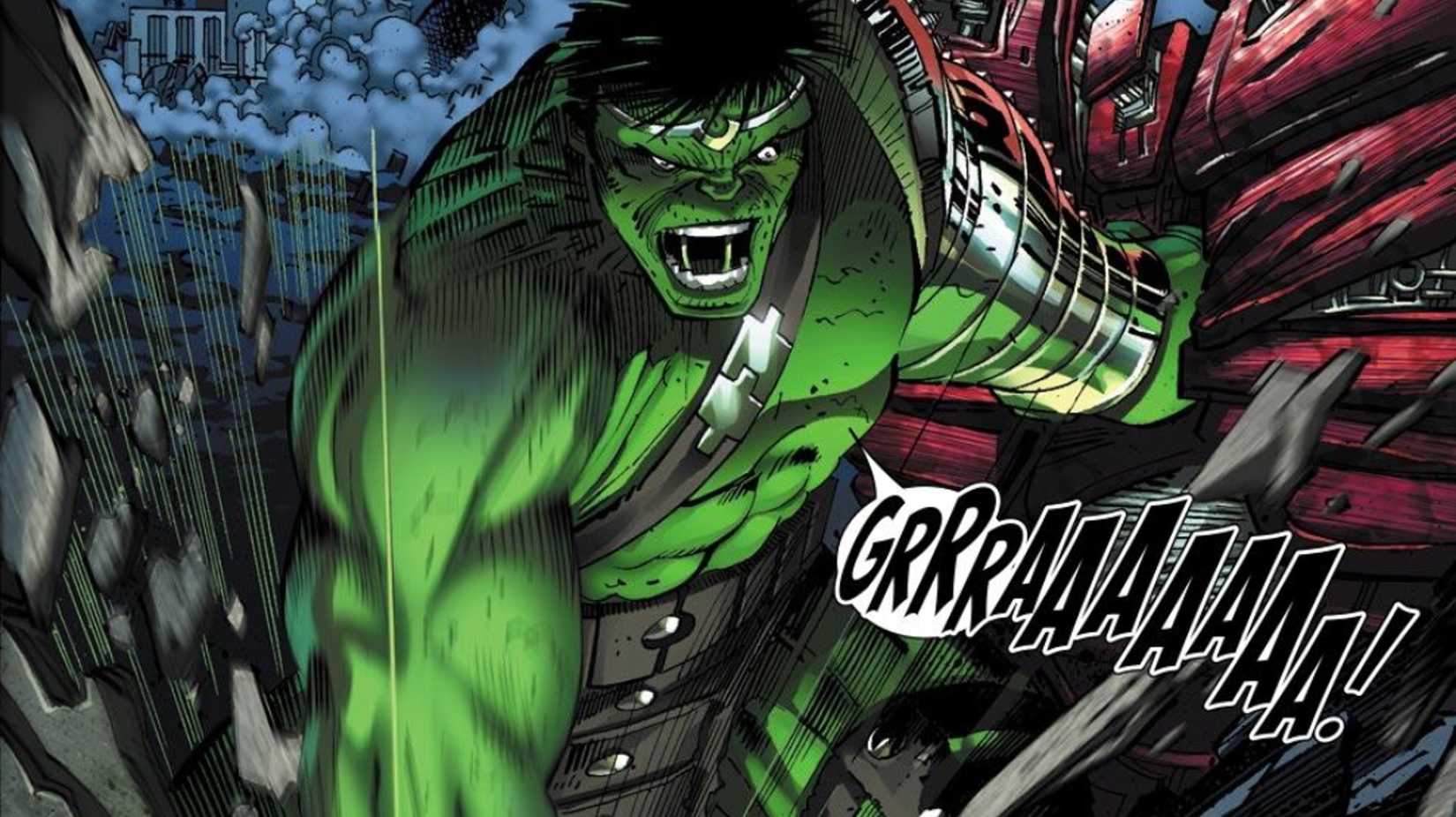 world war hulk #2, featuring an armor-clad Hulk screaming in rage as he wrecks things
