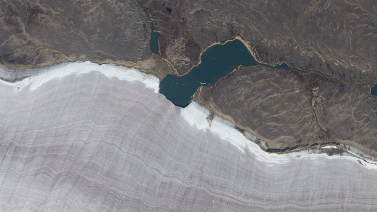 Satellite photo showing a lake bisecting the snowy edge of a gray ridged glacier