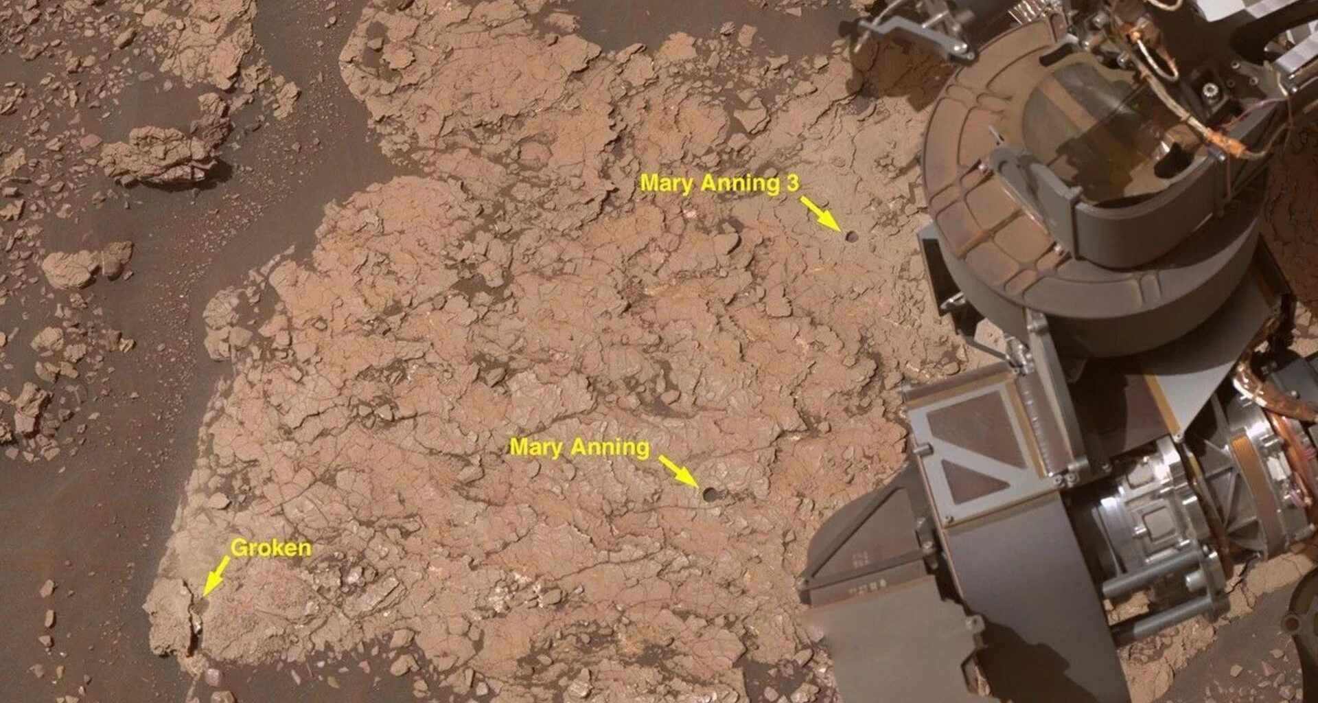 A close up of a reddish brown surface with a metal arm in the right top corner of the image. The image includes yellow arrows and labels of different sites of interest.