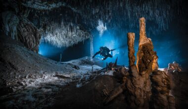 The cave was pitch black – so to create this magical underwater shot, the photographer had to use all his camera expertise...
