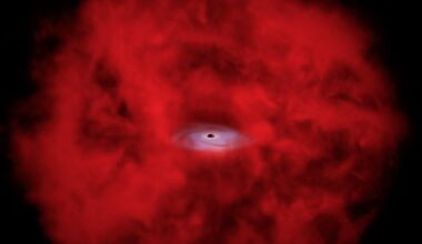 A tiny black hole with a white-blue disk around it. There are reddish hues all around.