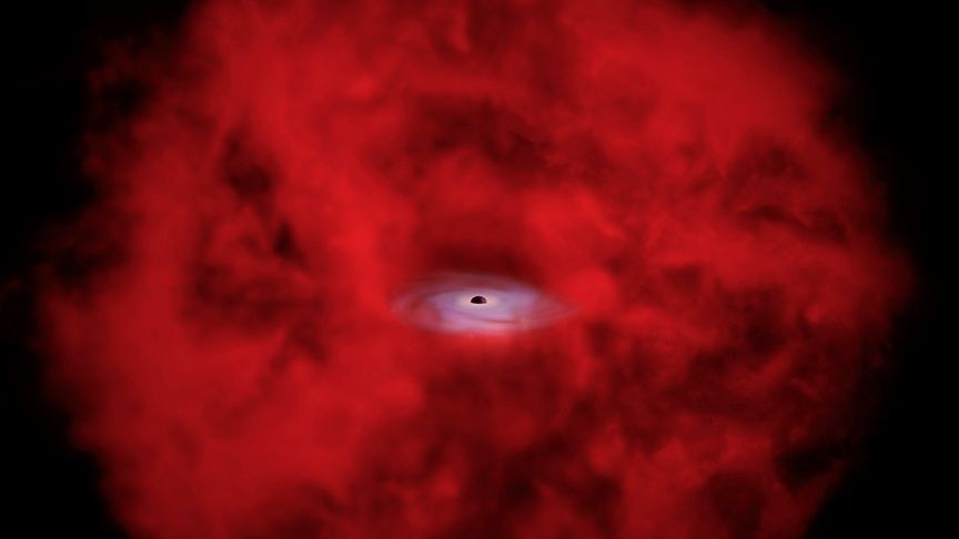 A tiny black hole with a white-blue disk around it. There are reddish hues all around.