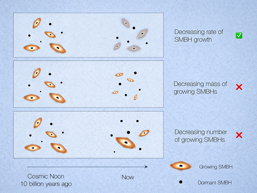 A figure showing different hypotheses of how black holes grow, with a series of black holes illustrated with golden halos surrounding them against a blue background.