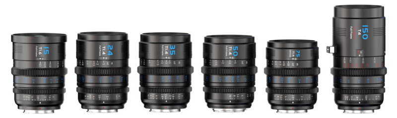 Six black camera lenses of varying sizes are arranged side by side in a row, each with blue and white markings indicating focal lengths: 15mm, 24mm, 35mm, 50mm, 85mm, and 150mm.