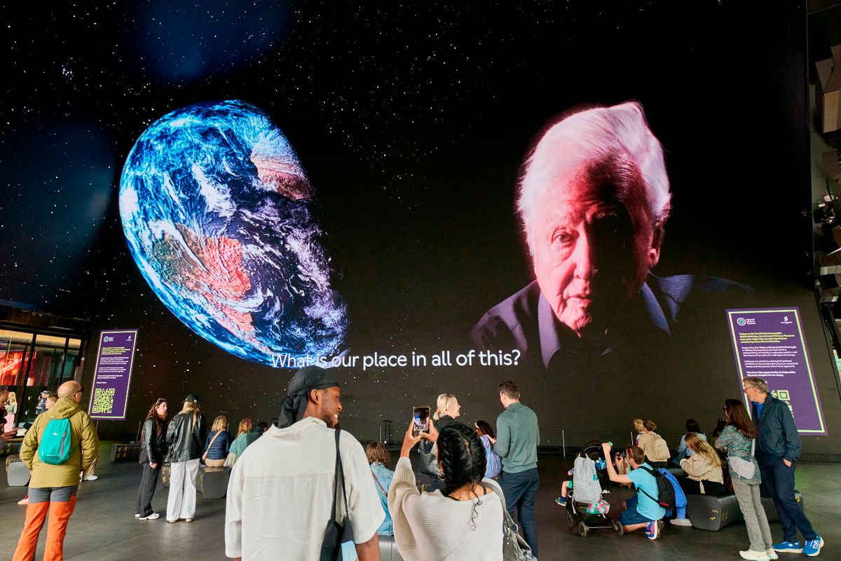 photo issued by Trustees of Natural History Museum of a screen displaying Our Story with Sir David Attenborough at Outernet, London to celebrate his one hundred birthday