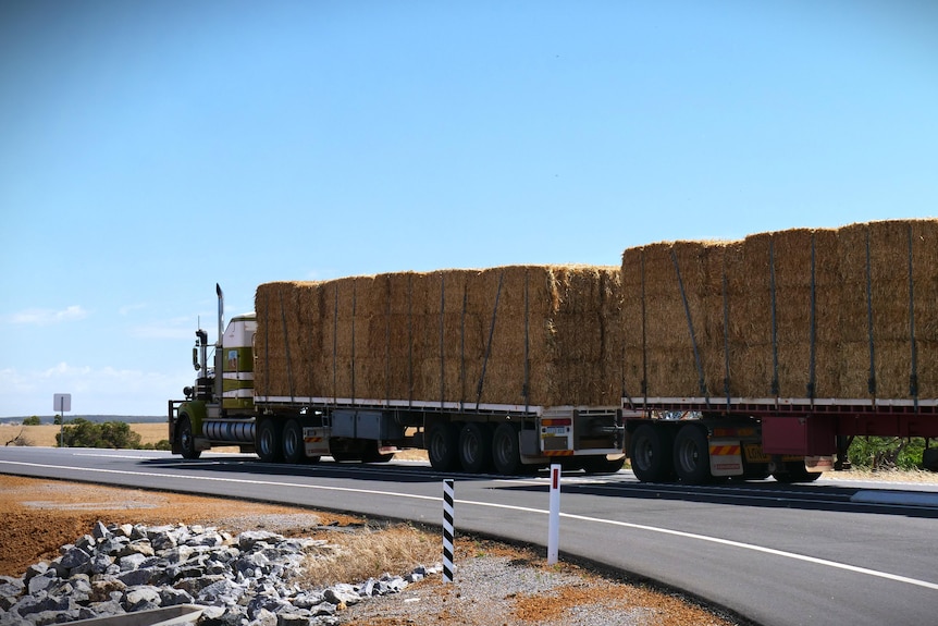A road train carrying hay travels on a road with dried paddocks in the distance.
