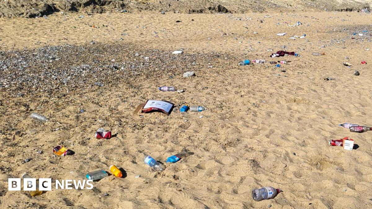 Litter including cans, cardboard packaging and bottles discarded on a sandy beach on a sunny day.