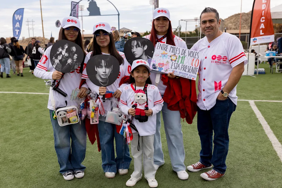 The Gomez family, of Ciudad Juárez, poses for a group photo at the fan fiesta at Glory Field in El Paso, Texas, on Saturday, May 2, 2026, before the first BTS concert.