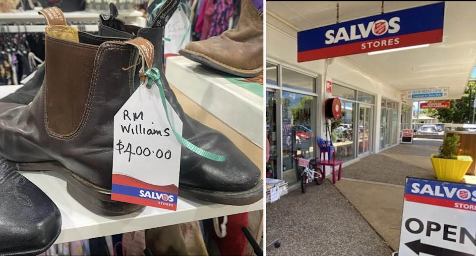 Left: RM Williams boots in Salvos store for $400. Right: Outside a Salvos store in Sydney
