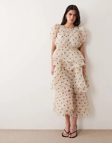 Vila Polka Dot Volume Sleeve Ruffle Midi Dress in Cream
