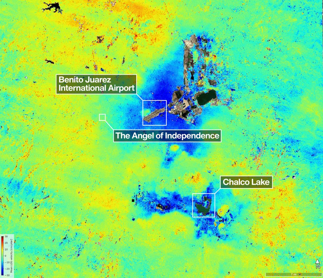 New data from NISAR shows parts of Mexico City subsided by roughly 0.8<strong> </strong>inches per month (shown in blue) between October 25, 2025, and January 17, 2026. Uneven and seemingly small elevation changes have added up over the decades, fracturing roads, buildings and water lines.