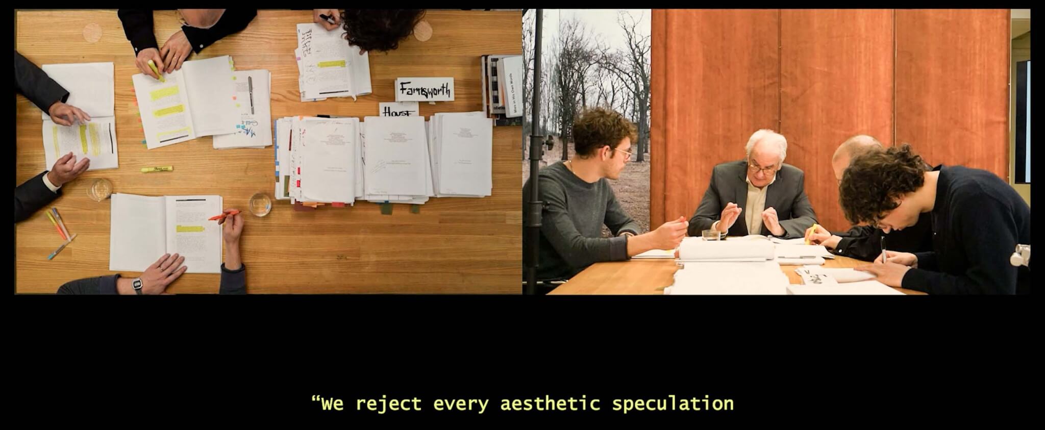 Split-screen film still showing hands annotating documents on the left and three people seated around a wooden conference table on the right