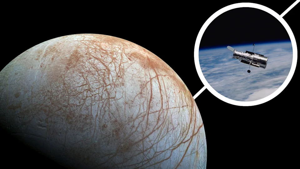 (Main) Jupiter's moon Europa and (Inset) Hubble Space Telescope.