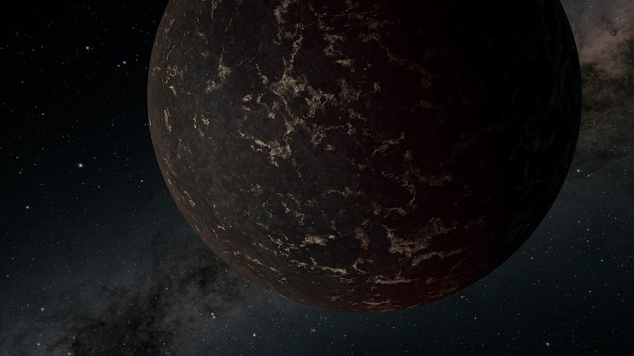 An artist's concept of the LHS 3844 b, a rocky super-Earth 1.3 times the mass of Earth. It orbits an M dwarf star and appears to have no atmosphere. Courtesy NASA/JPL-Caltech