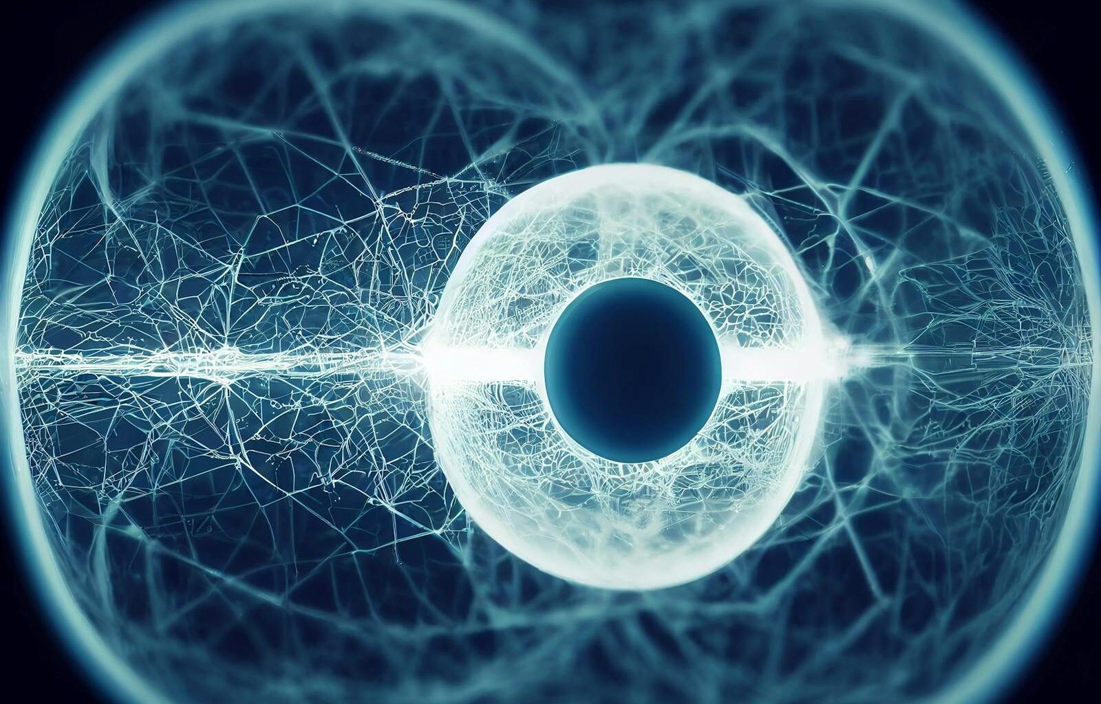 A digitally rendered abstract image showcasing a futuristic eye with complex network patterns.