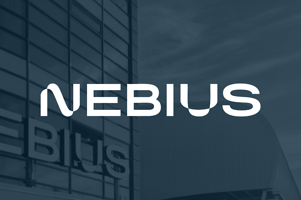 Nebius logo written in white on a blue background.
