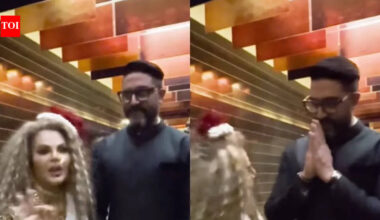 Rakhi Sawant says she's Abhishek Bachchan's fan since 'Guru' as she meets him at 'Raja Shivaji' screening, netizens call him a gentleman as he reacts | Hindi Movie News