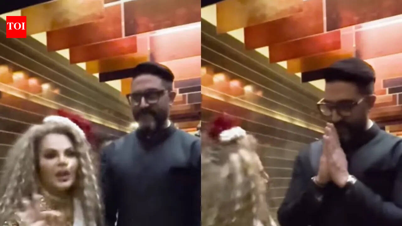 Rakhi Sawant says she's Abhishek Bachchan's fan since 'Guru' as she meets him at 'Raja Shivaji' screening, netizens call him a gentleman as he reacts | Hindi Movie News