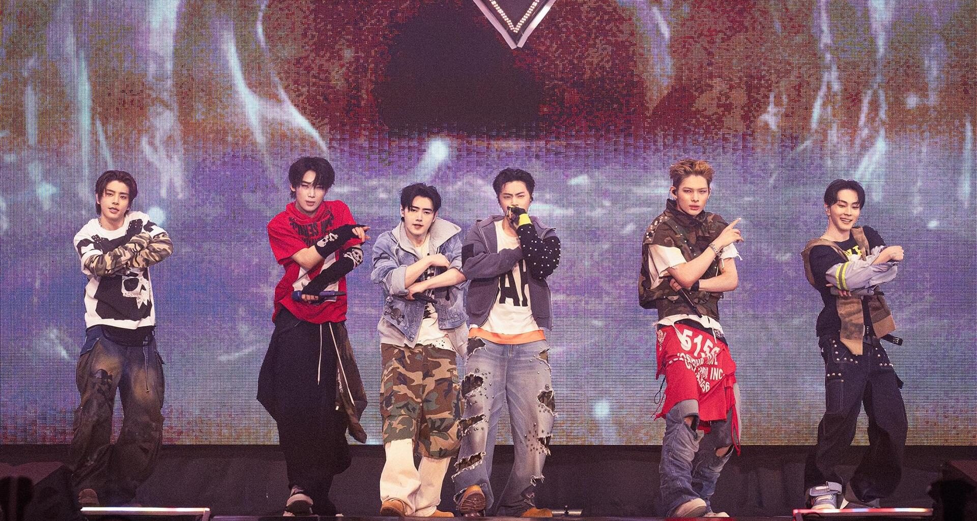 Members of K-pop boy band ENHYPEN, from left, Jake, Sunoo, Sunghoon, Jay, Ni-ki and Jungwon perform during the Seoul leg of their fourth world tour,