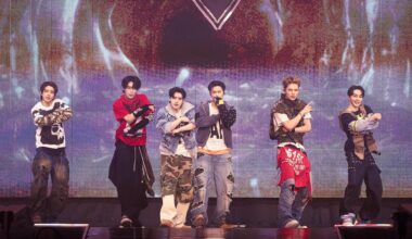 Members of K-pop boy band ENHYPEN, from left, Jake, Sunoo, Sunghoon, Jay, Ni-ki and Jungwon perform during the Seoul leg of their fourth world tour,