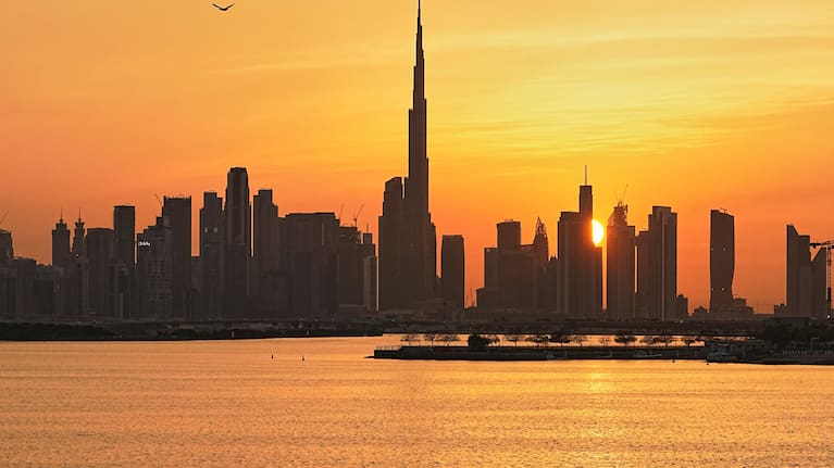 The skyline of Dubai, United Arab Emirates, Wednesday, March 11, 2026, with the Burj Khalifa at center. 