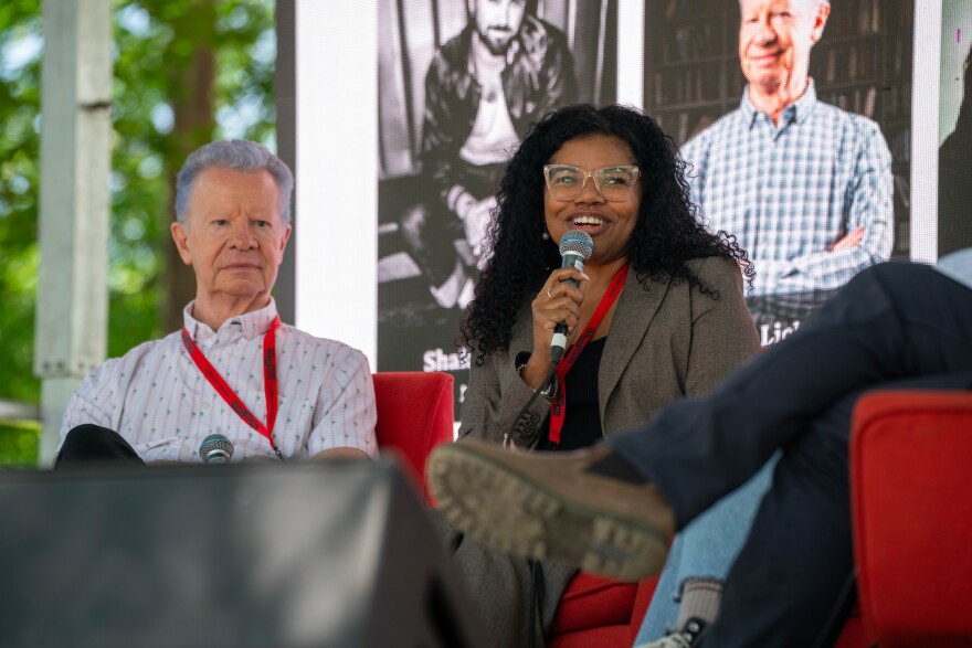 At left, Terry Lickona, Executive Producer Austin City Limits, Angela Means Director, Austin Arts, Culture, Music & Entertainment City of Austin speaks during the Why Our Music Scene Matters Globally panel at the KUT Festival on Saturday, May 2, 2026. Isak Kotecki/KUT News