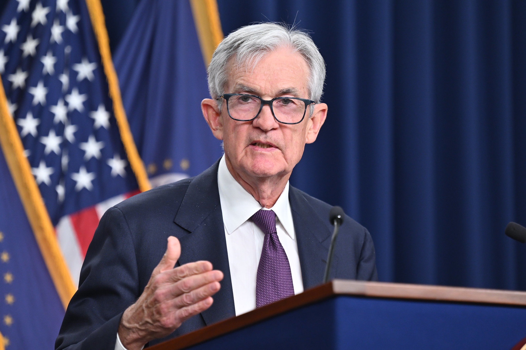 Jerome Powell speaking with reporters following a Federal Open Market Committee meeting.