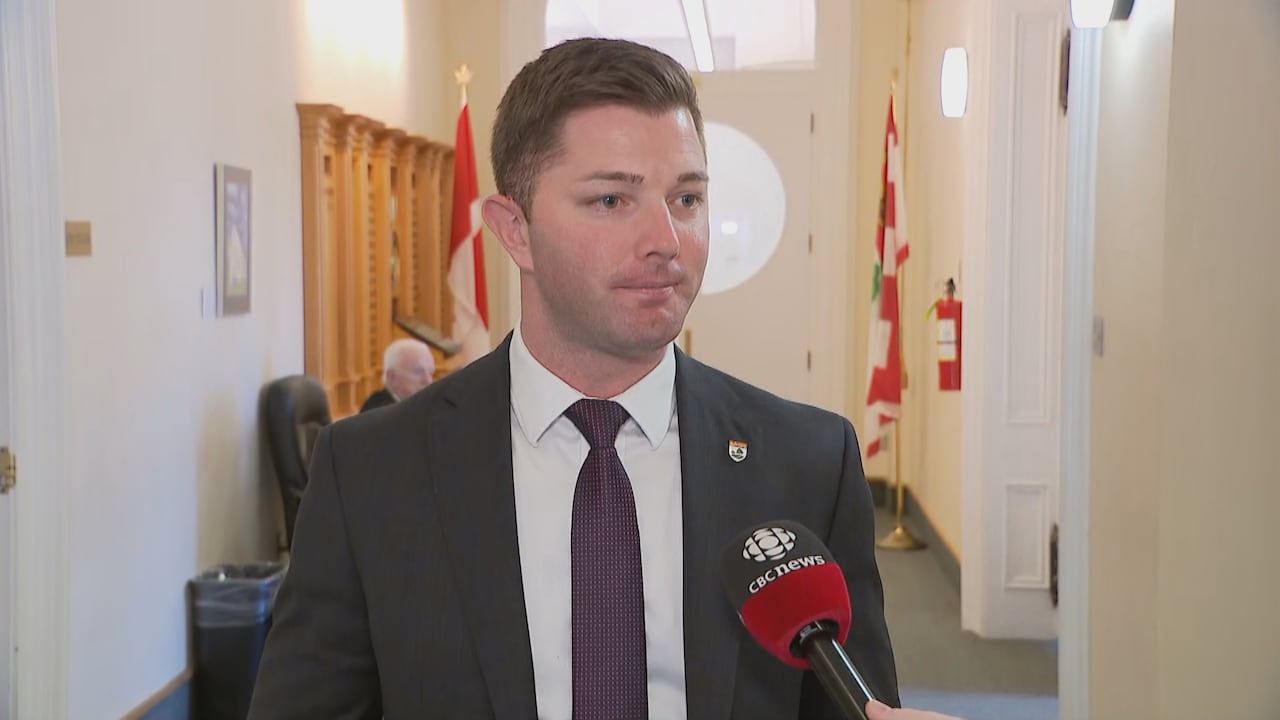 A man in a dark suit and dark purple tie talking to reporters outside the P.E.I. legislative chamber.
