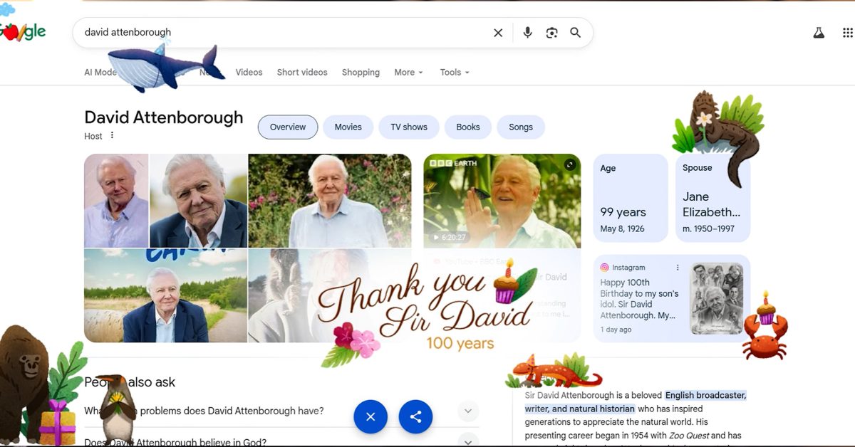 Google Easter egg celebrates David Attenborough's 100th birthday