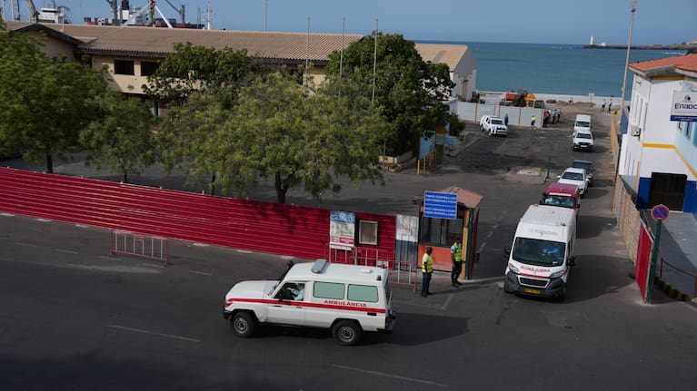 An ambulance evacuates patients from the MV Hondius cruise ship to the airport in Praia, Cape Verde, Wednesday, May 6, 2026.