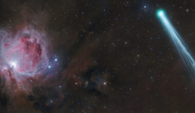 The bright blue Comet R3 PanSTARRS streaks across the right side of the image with the red cloud of the Orion Nebula in the background on the left.