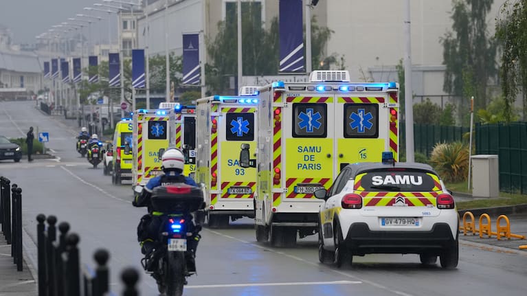 Ambulances carrying patients evacuated from the MV Hondius cruise ship with suspected hantavirus infection, leave the Bourget airport, north of Paris, Sunday, May 10, 2026.