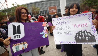 Fans of the Korean K-pop group BTS hold up signs before a concert at the GNP Stadium in Mexico City, Mexico,  May 7.  EPA-Yonhap