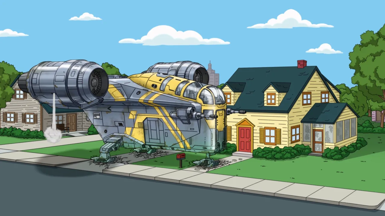 The Mandalorian's Razor Crest ship parked outside the Griffin house