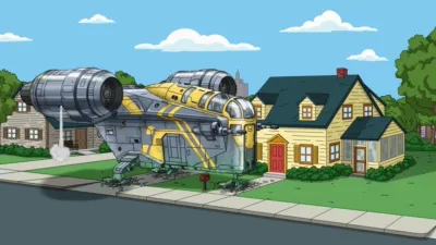 The Mandalorian's Razor Crest ship parked outside the Griffin house