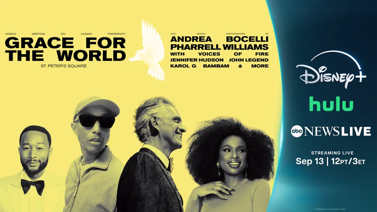 Artwork promoting the Grace for the World concert featuring John Legend, Pharrell Williams, Andrea Bocelli, and Jennifer Hudson.