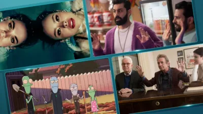 A collage of images from Good Trouble, Deli Boys, Solar Opposites, and Only Murders in the Building