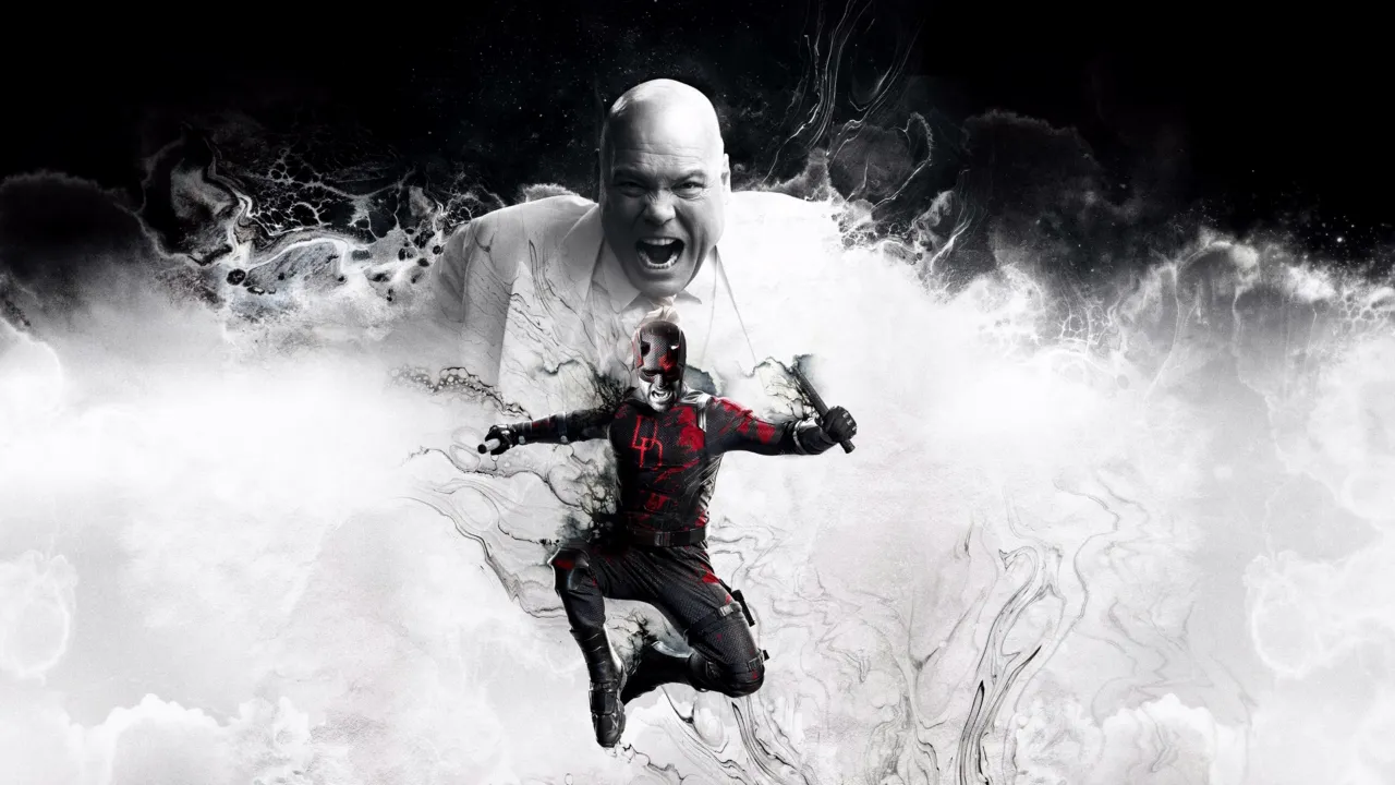 Key art for Daredevil: Born Again featuring Daredevil leaping forward as Wilson Fisk (The Kingpin) roars behind him. Season finale streaming May 5.
