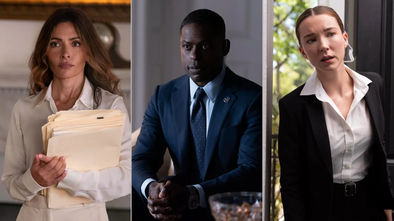 This image features actors Sarah Shahi (left), Sterling K. Brown (center), and Julianne Nicholson (right) in a scene from the upcoming television series Paradise (2025).