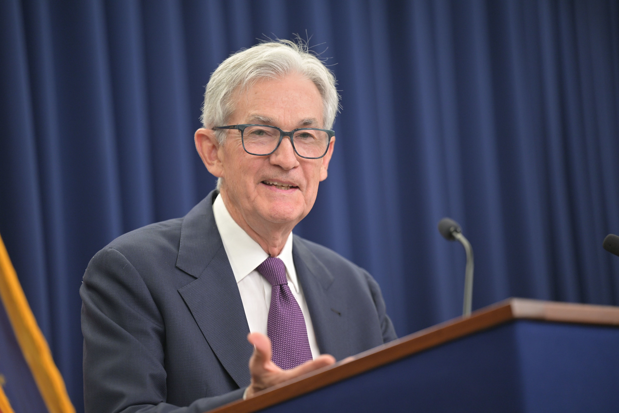 Jerome Powell speaking with reporters following a Federal Open Market Committee meeting.