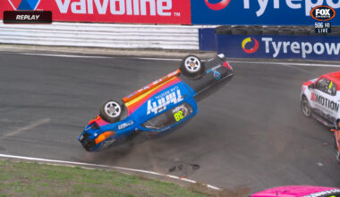 Toyota HiLux rolls at Symmons Plains in bizarre V8 SuperUtes crash