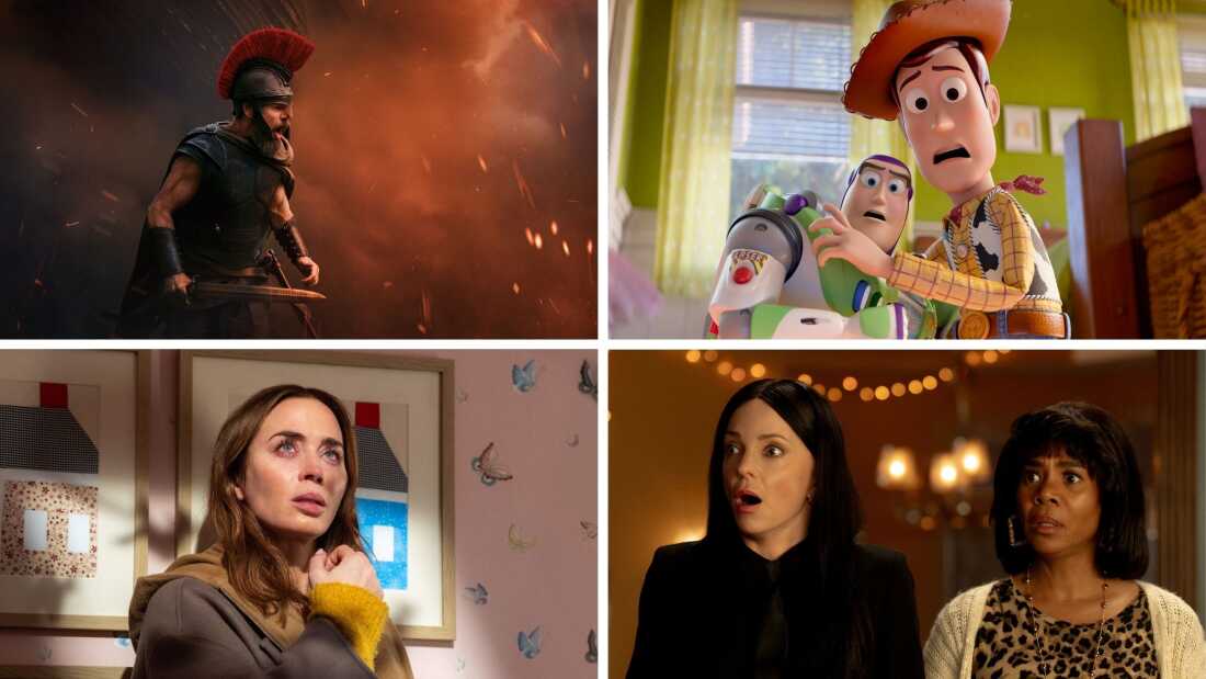Clockwise from top left: The Odyssey, Toy Story 5, Scary Movie and Disclosure Day